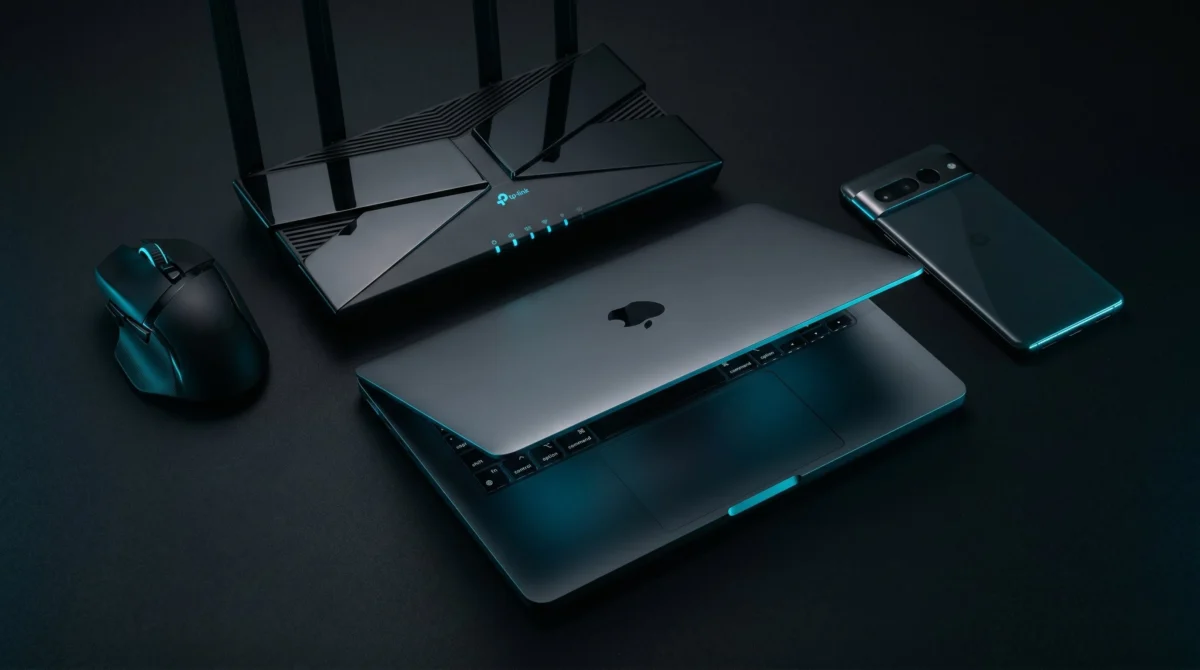 Fixory hero image showing a laptop, Wi-Fi router, mouse, and smartphone on a dark tech desk