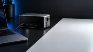Unbranded desktop USB-C charging station connected to a laptop on a split black-and-white desk