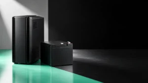 バッテリー警告の対処を確認するタワー型UPSと交換用バッテリーのイメージ