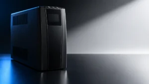 Black tower UPS on a split black-and-white surface with blue accent lighting