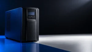 Black tower UPS with a front LCD on a clean black-and-white desk surface