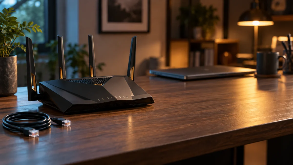 AI-generated illustration of an ASUS RT-BE88U-style router with an Ethernet cable on a desk.