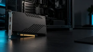 暗いデスクに置かれた内蔵型PCIeキャプチャーボードと電源を切ったPC