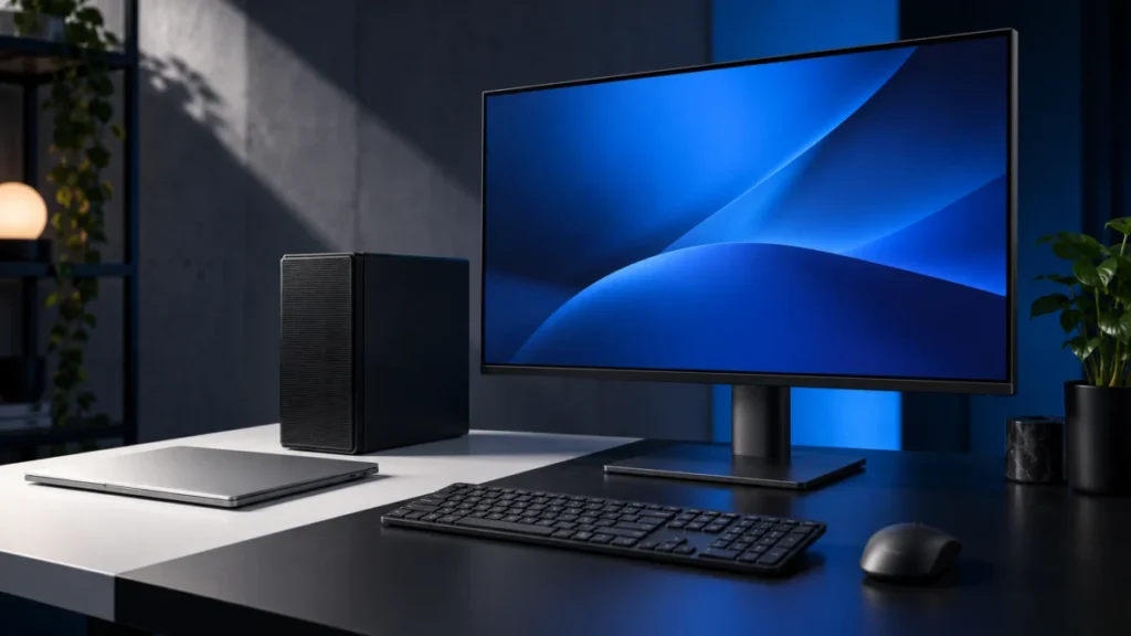 モニターと2台のPC、キーボード、マウスで構成する内蔵KVM環境のイメージ