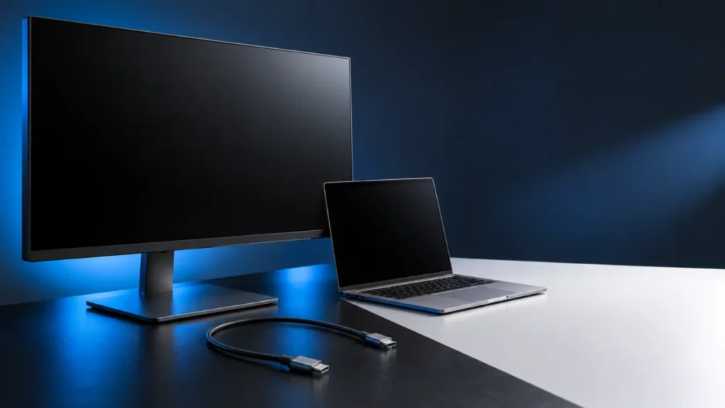 Creative monitor with a dark screen beside a Mac laptop and a USB-C cable on a desk