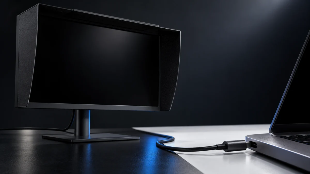 USB-Cケーブルを接続した黒い画面の写真編集用モニターとノートPC