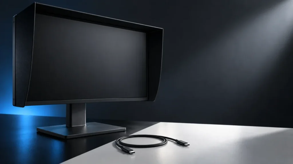 Illustration of a hooded photo-editing monitor and USB-C cable on a desk