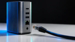 An Ethernet plug beside a compact Thunderbolt dock on a black and white desktop