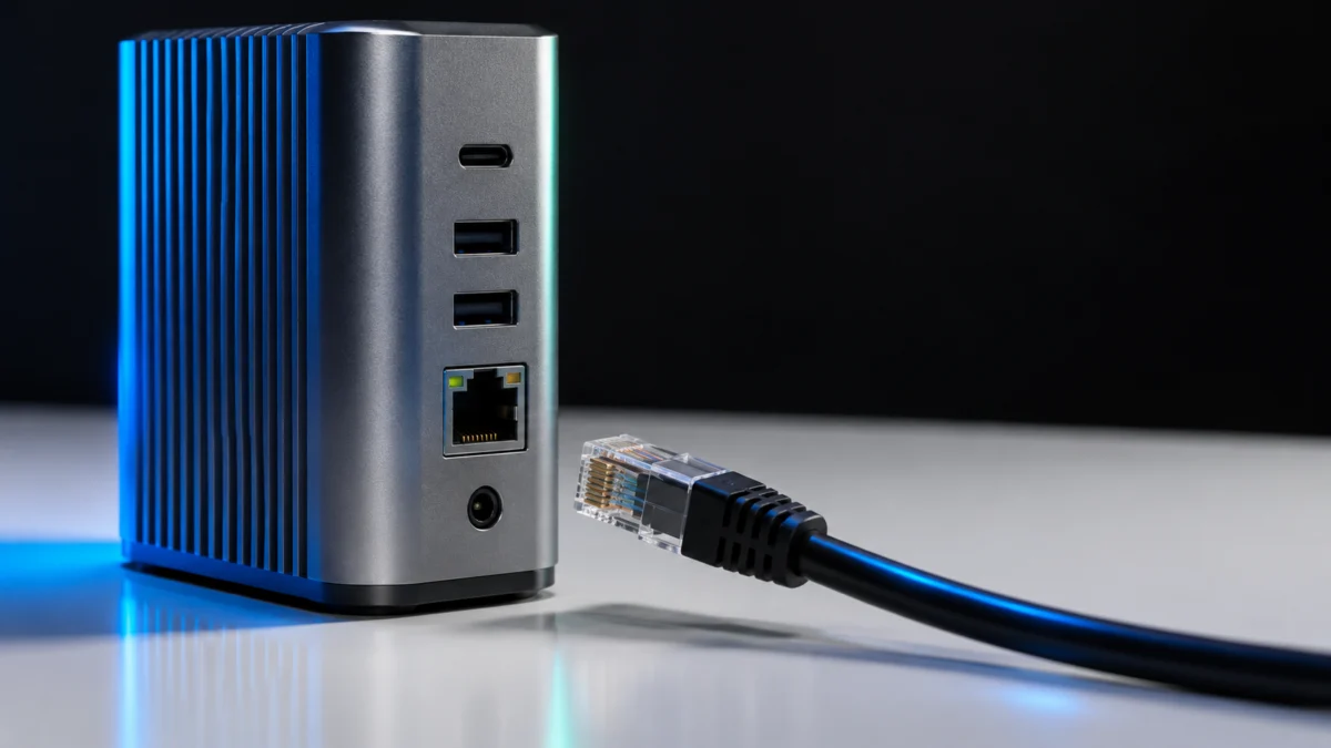 An Ethernet plug beside a compact Thunderbolt dock on a black and white desktop