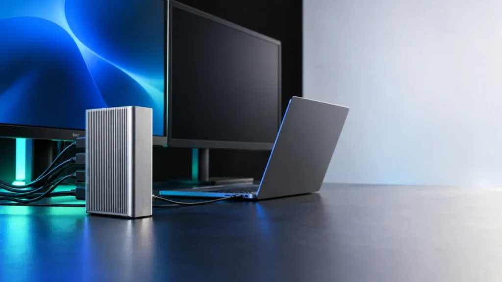 Silver desktop dock beside a Windows laptop and two monitors, with one monitor dark.