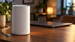 White cylindrical mesh router with a red status light beside an Ethernet cable in a home office.