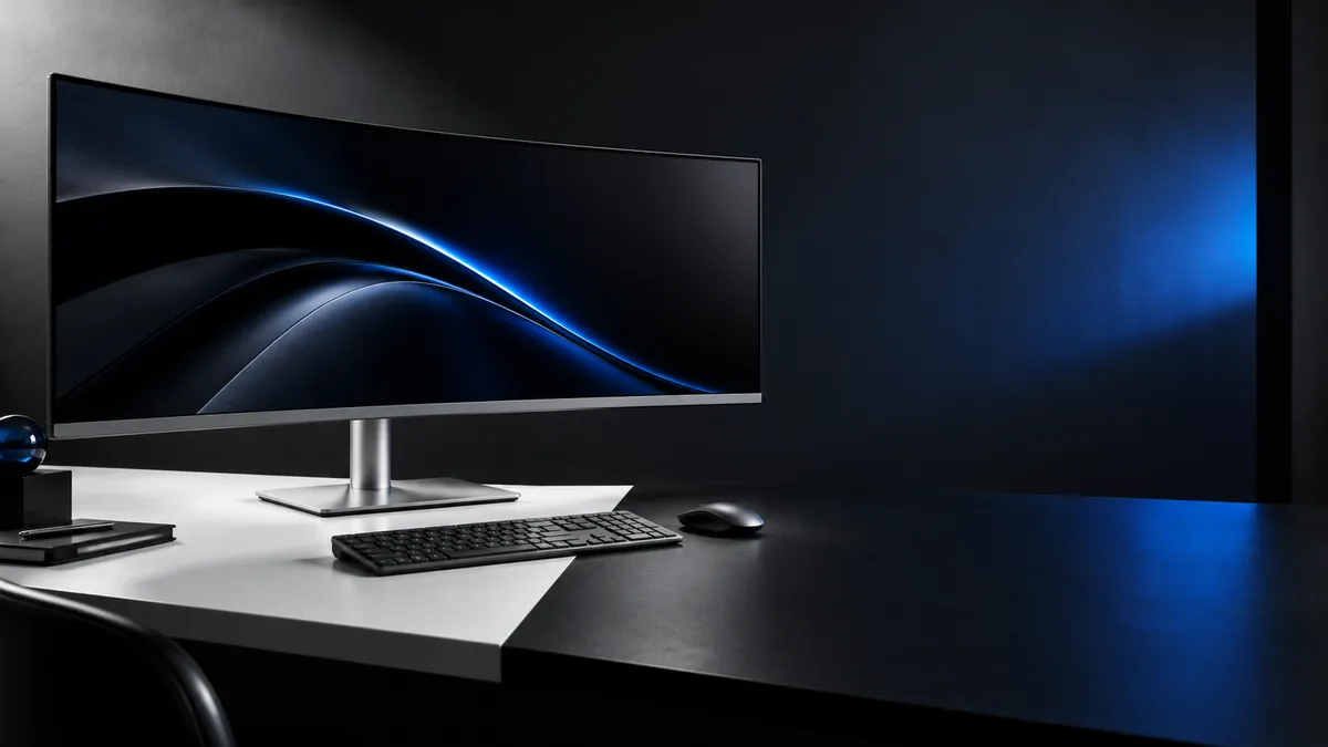 Illustrative curved ultrawide monitor with a shared keyboard and mouse for a two-computer desk
