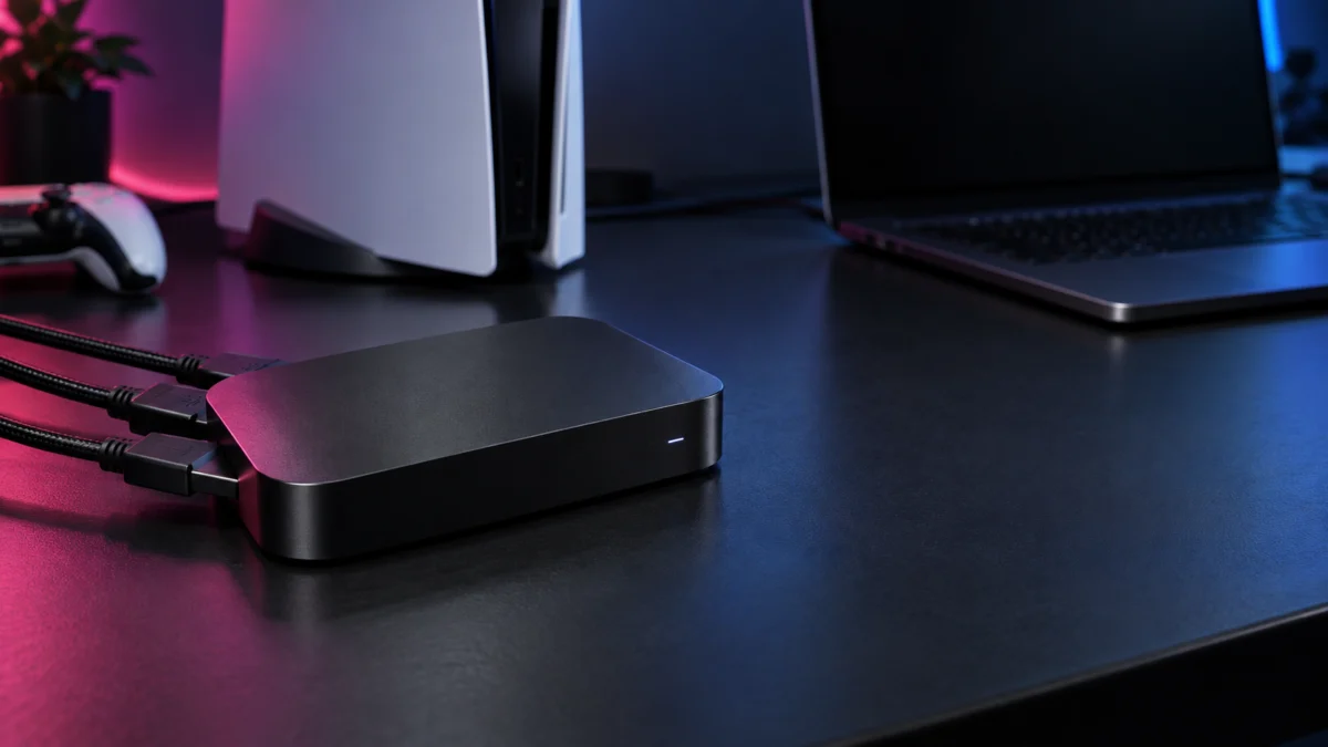 ゲーム機とノートPCにつないだ黒いキャプチャカードのイメージ