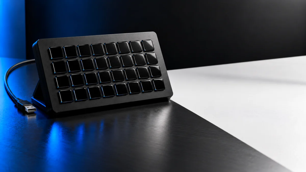 32個の四角いキーを備えた黒い操作パネルとUSB接続をイメージした画像