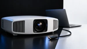 White home cinema projector, laptop and HDMI cable in a minimal editorial scene