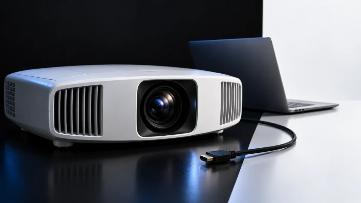 White home cinema projector, laptop and HDMI cable in a minimal editorial scene