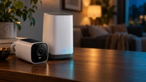 屋内の木製テーブルに並べた白い屋外防犯カメラとホームベース機器