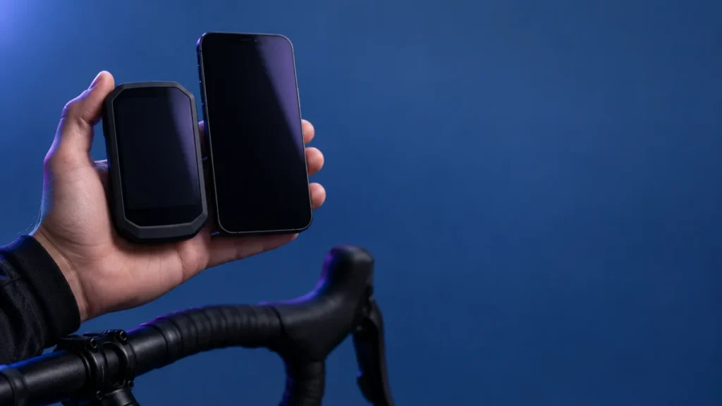 A cycling computer and smartphone beside bicycle handlebars on a cool blue workbench.