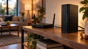 Cable modem and separate router connected by an Ethernet cable in a home office