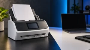 White document scanner with an open feeder beside a laptop on a black and white desk