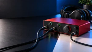 USBオーディオインターフェースとヘッドホンの接続を表すイメージ