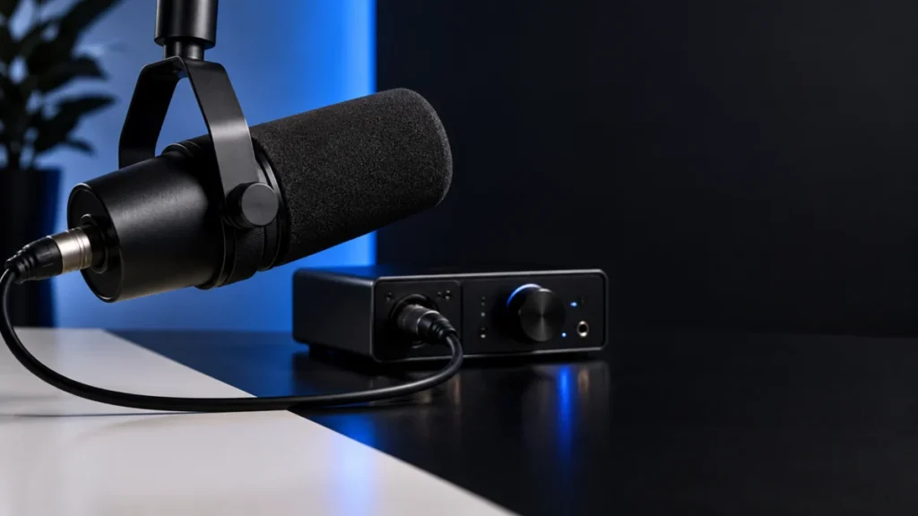 Black broadcast microphone with an XLR cable beside an audio interface.