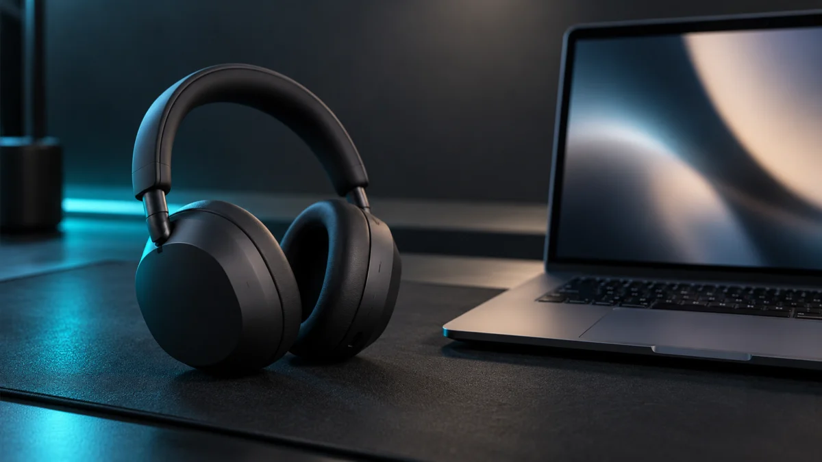 Black over-ear headphones beside a laptop on a dark desk