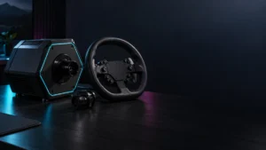 Conceptual image of a direct drive racing wheel base, detached rim and quick release adapter on a dark desk