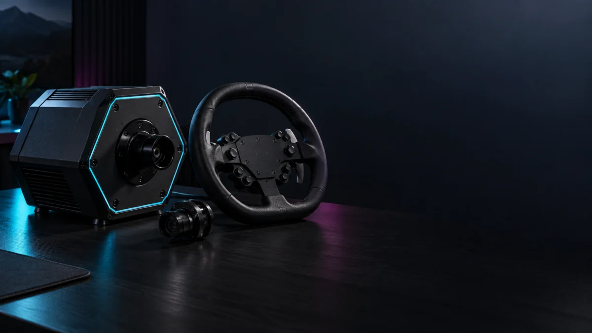 Conceptual image of a direct drive racing wheel base, detached rim and quick release adapter on a dark desk