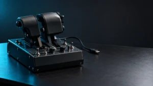 Black dual-lever flight throttle beside a USB cable on a dark gaming desk.