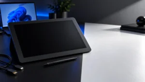 Windows PCと液晶ペンタブレットの接続をイメージした生成画像
