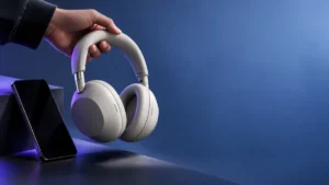 スマートフォンと並べたプラチナシルバーのオーバーイヤーヘッドホンのイメージ